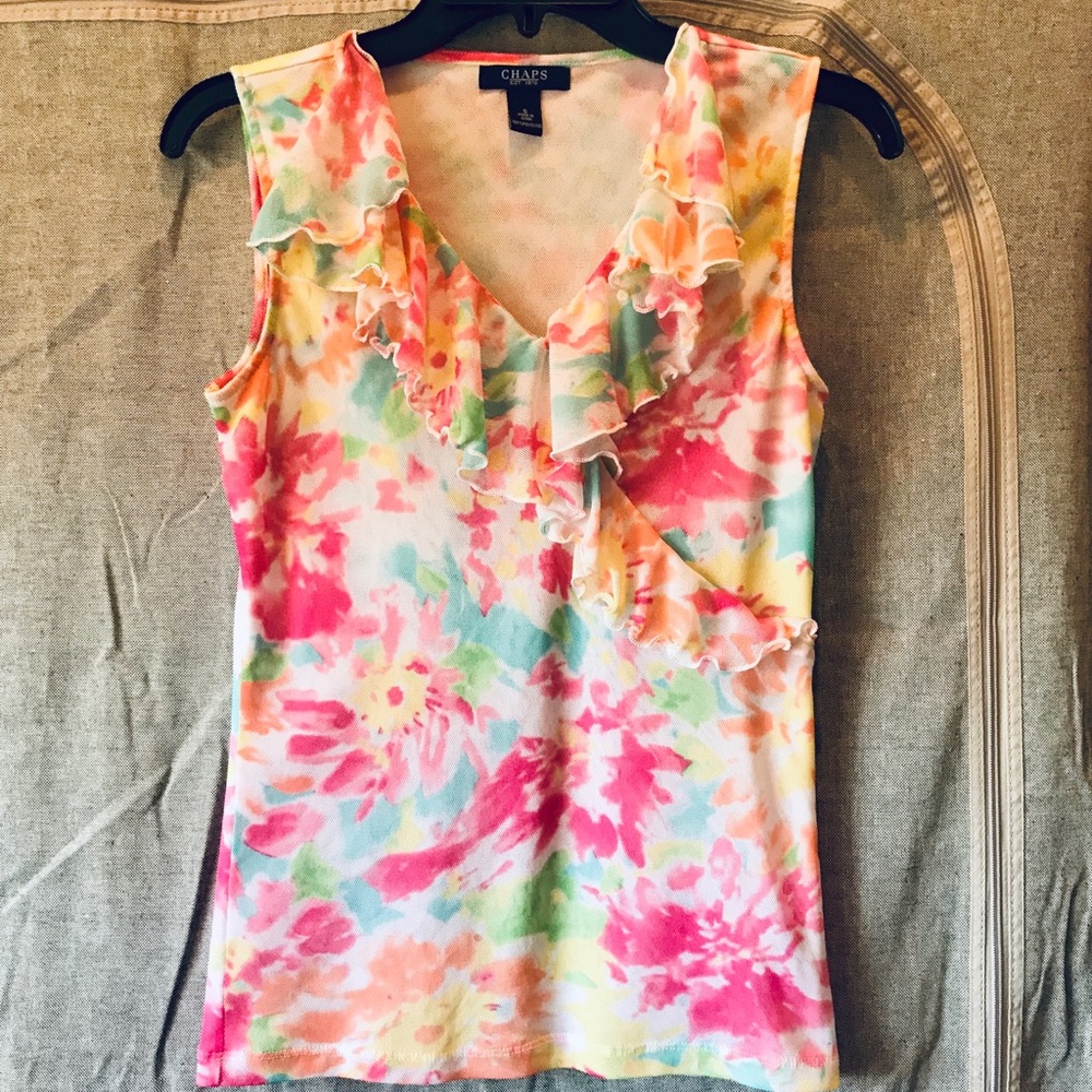 Chaps size small colorful floral print v neck top